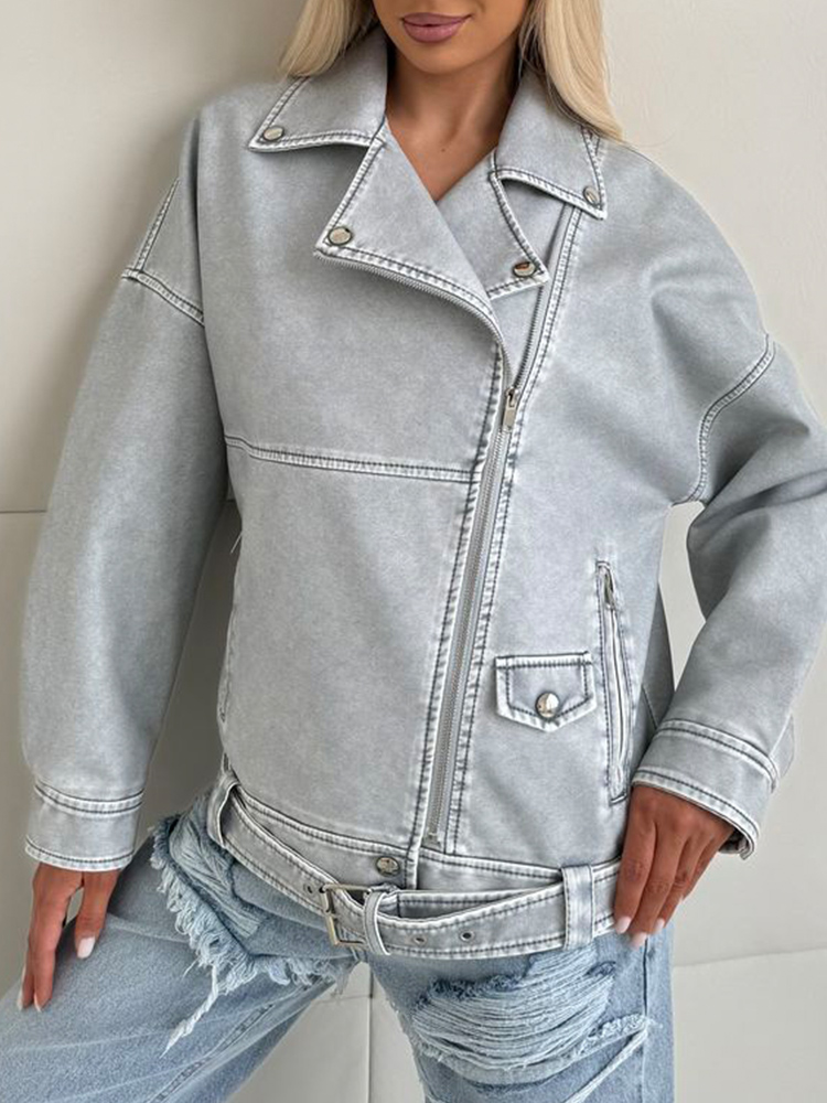 Ailegogo-ジッパーベルト付きの女性用合成皮革ジャケット,ヴィンテージスタイルのバイカーコート,レトロなブルーのストリートウェア,女性のアウター,春と秋