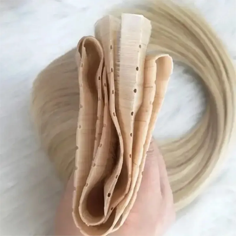 Trama de cabelo invisível pu com furo, cabelo humano, abas duplas, fita longa injetada, trama plana pu, sem cola, extensões de trama com furo microlink