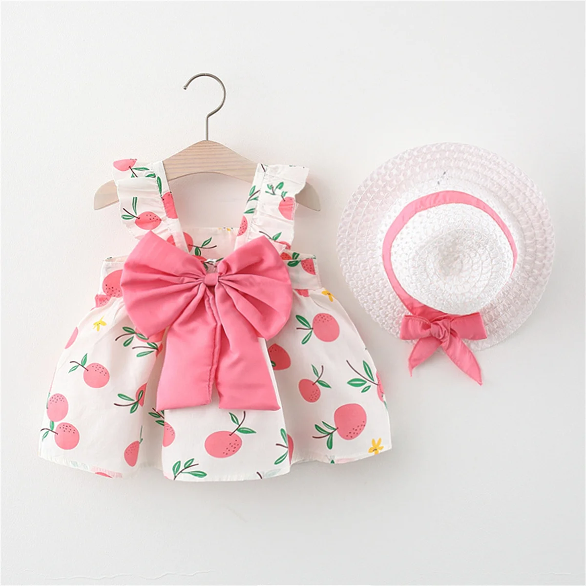 2 Pçs/setSummer meninas vestido roupas infantis novo pequeno suspender arco laranja impressão colete saia com chapéu como um presente