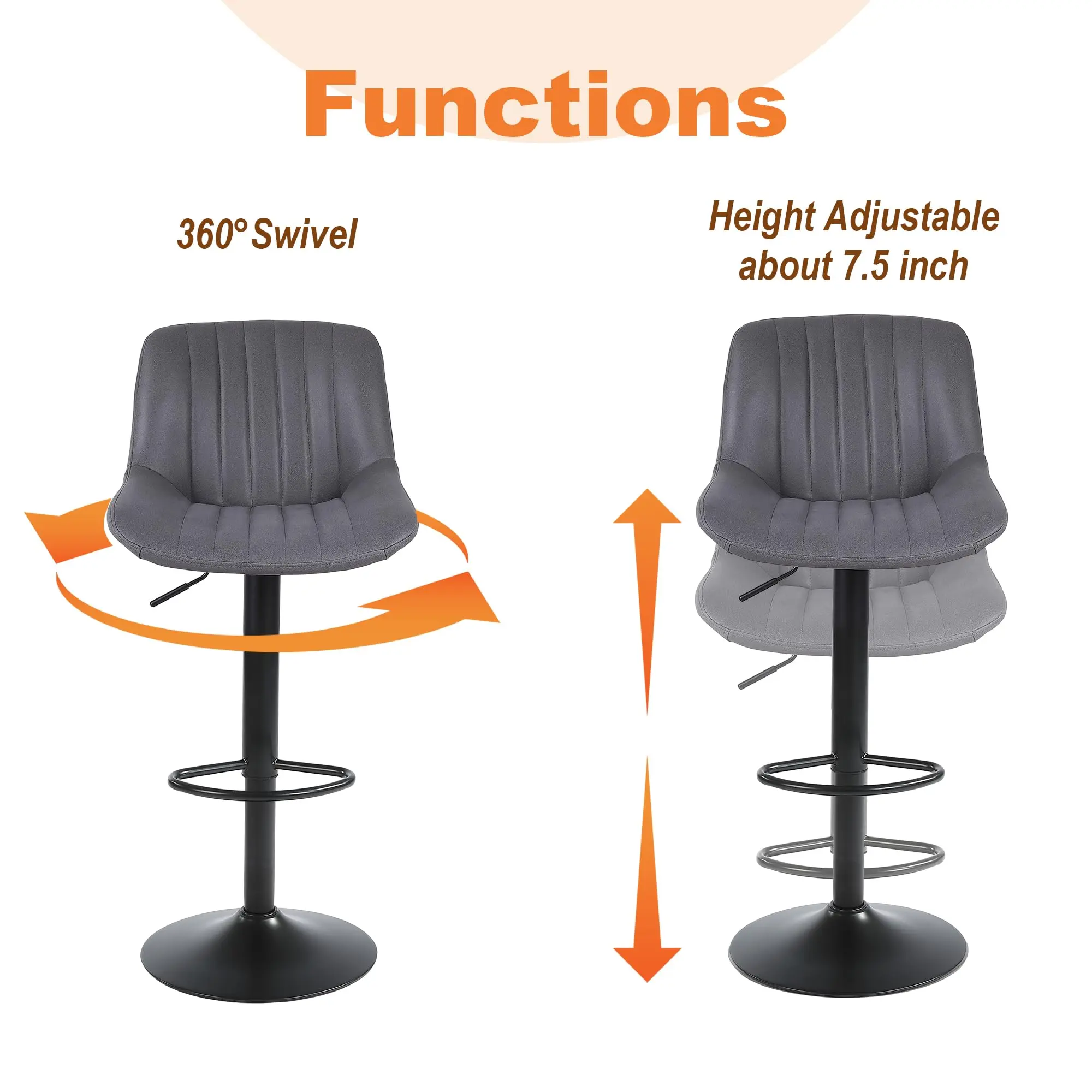 Conjunto de 4 bancos de bar Ralex-chair, bancos de bar giratórios com altura de balcão e encosto, cadeiras de bar ajustáveis em couro PU, cinza escuro