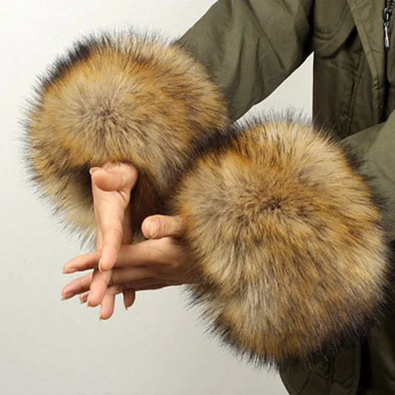 Anillos de mano esponjosos de pelo de zorro y mapache de imitación, protectores de muñeca esponjosos, puños de mujer, pulseras de piel de conejo de imitación, puños, fundas para muñecas