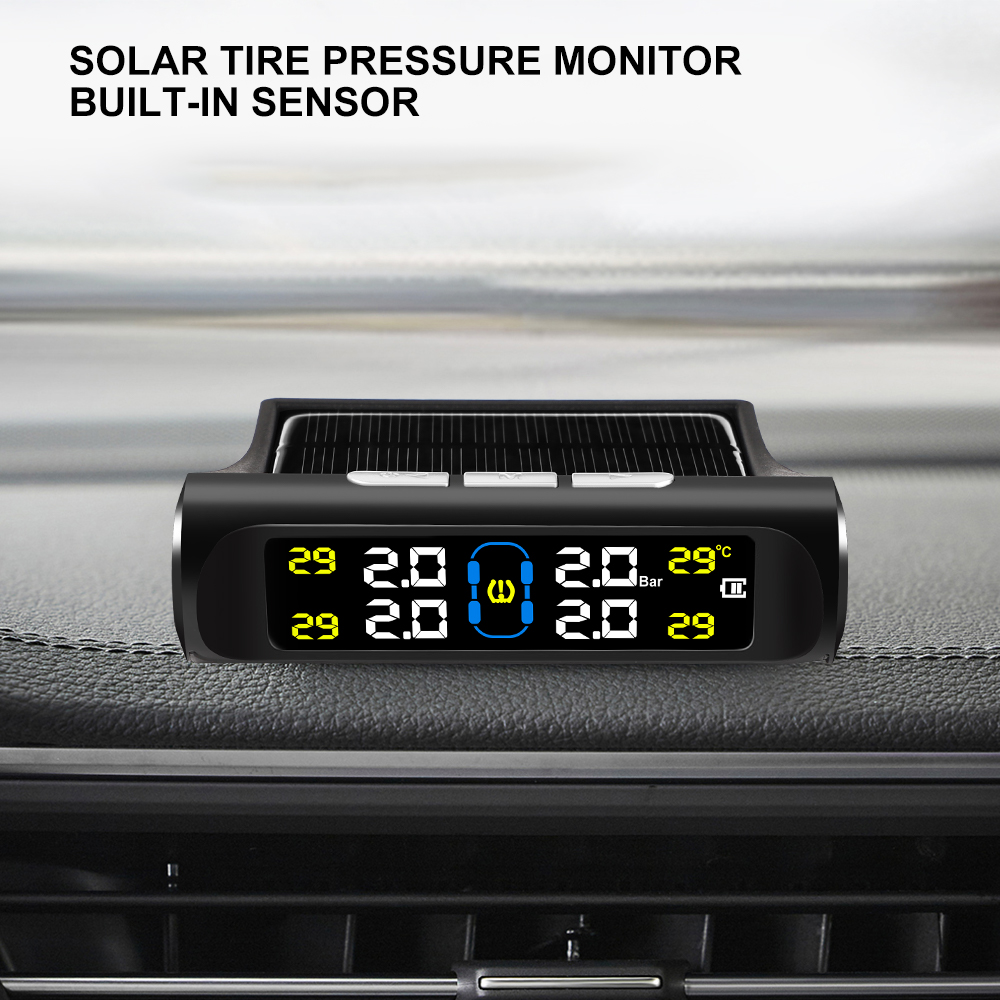 Солнечная автомобильная сигнализация давления в шинах TPMS, цифровой цветной дисплей, 4 внешних датчика, водонепроницаемая система контроля давления в шинах
