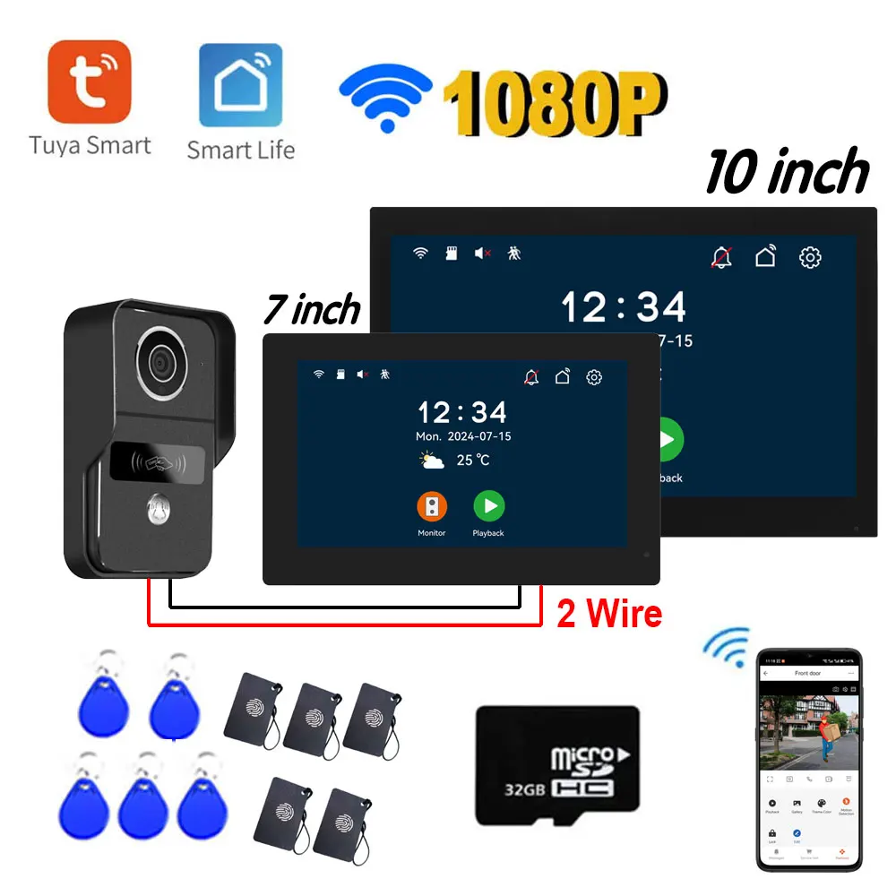 1080P 7/10 inch touchscreen wifi 2-draads videodeurbel, Tuya Home Video-intercom 32G-kaart Rceord Kit Bewegingsdetectie ID Unlcok