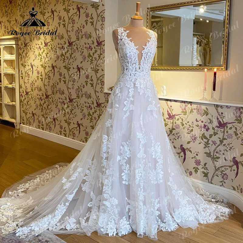 Robe Mariee Ärmelloses Brautkleid mit V-Ausschnitt, Spitzenapplikation, rückenfrei, Brautkleid, Robe de Soirée de Mariage, individuell gestaltet, elegant