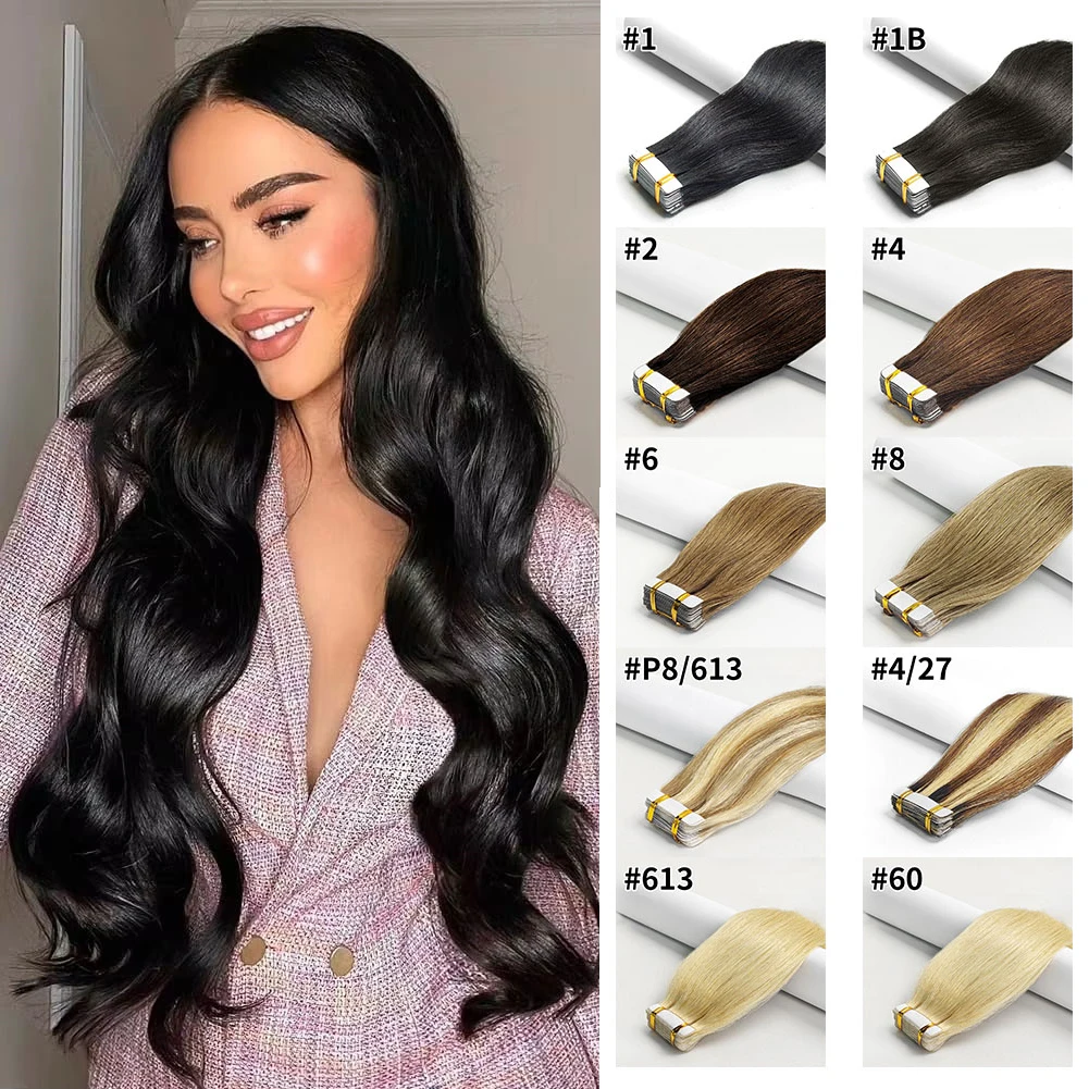 Fita em extensões de cabelo remy cabelo humano 20 pçs em linha reta sem costura trama da pele fita extensões de cabelo natural cabelo preto para mulher