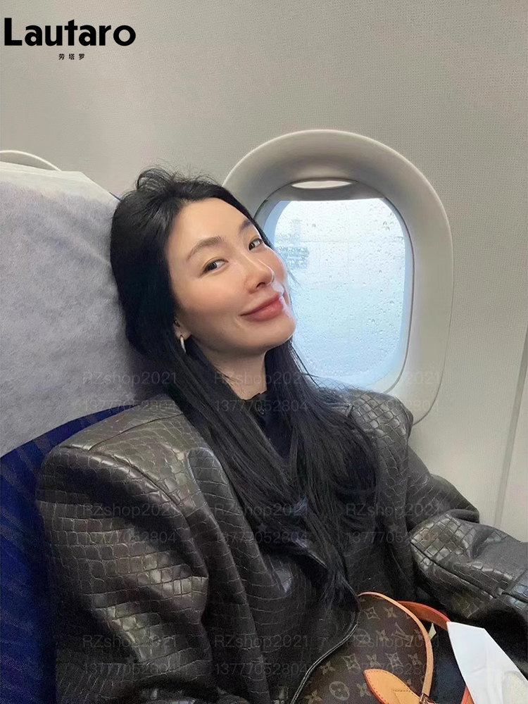 Lautaro otoño de gran tamaño con estampado de cocodrilo chaqueta de piel sintética para mujer hombreras de manga larga suelta Casual moda coreana