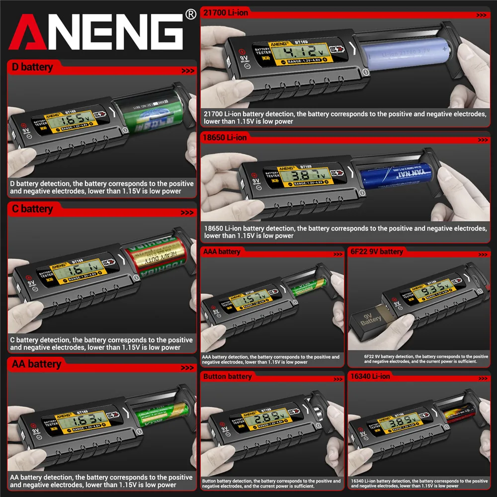 ANENG BT169 Detector de probadores de batería Digital multifuncional medir rápidamente la batería AA/AAA/C/D/9V/1,5 V medición de pila de botón