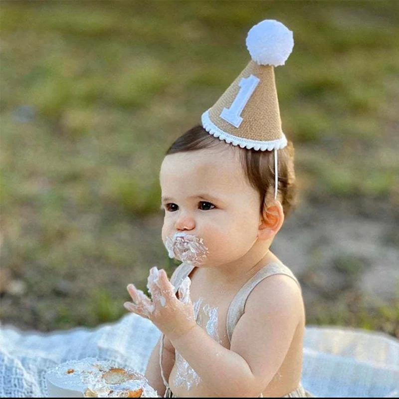 Sackleinen 1. Geburtstag Hut Baby Erster Geburtstag Party Neugeborener Junge Mädchen 1 2 3 Jahre alt Stirnband Babyparty Geburtstag Party Dekor