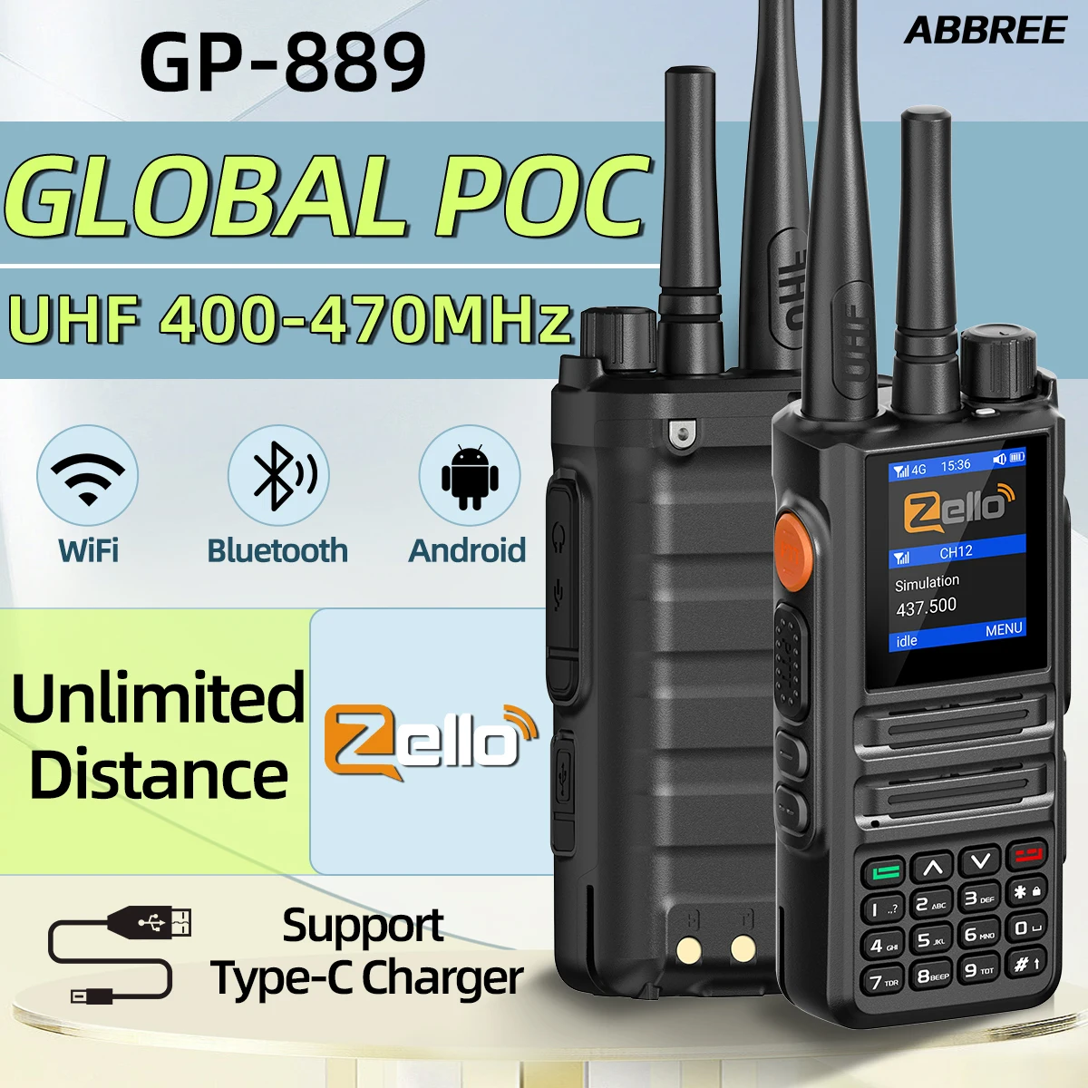 ABBREE GP-889 Dual Mode Netzwerk POC Radio Walkie Talkie ZELLO Global UHF Bluetooth WIFI 2G 4G Sim Karte Android Typ-C Amateurfunk