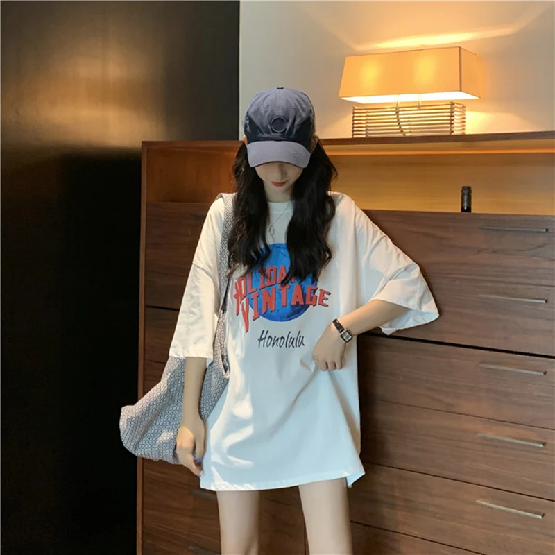ルーズフィットプラスサイズコットン Tシャツ半袖レディースファッションカジュアルラウンドネックプリント韓国スタイル夏新着