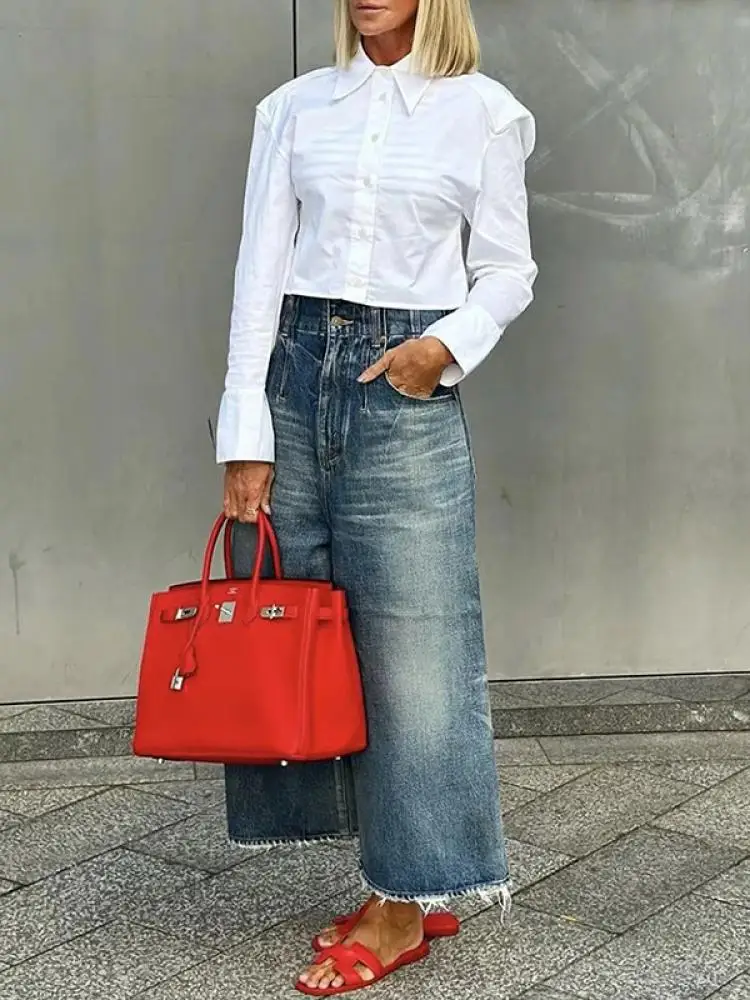 Modigirl 女性の秋のダメージジーンズ 2024 春夏新作ファッションハイウエストワイドレッグルーズポケットカジュアルパンツボトムス