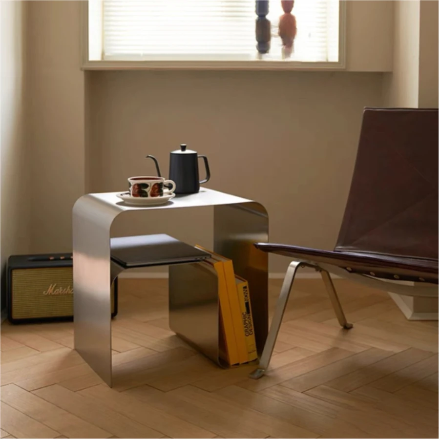 Minimalist Stainless Steel Bedside Table Side Several Integrated Molding Storage Cabinets End Table Furniture