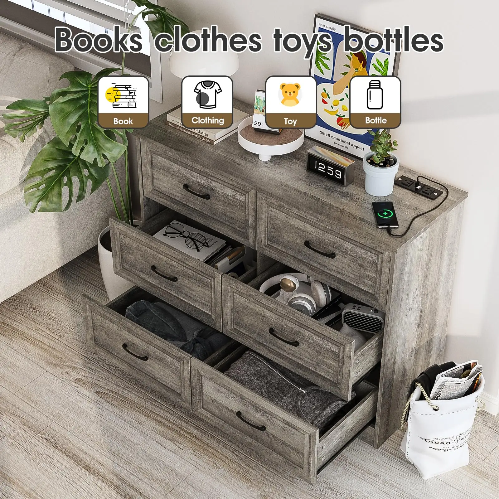 Vabches 6 Drawer Dresser for Bedroom Wood Chest of Drawers with Power Strip Tall Dresser Organizer with Metal Handle for Hallway