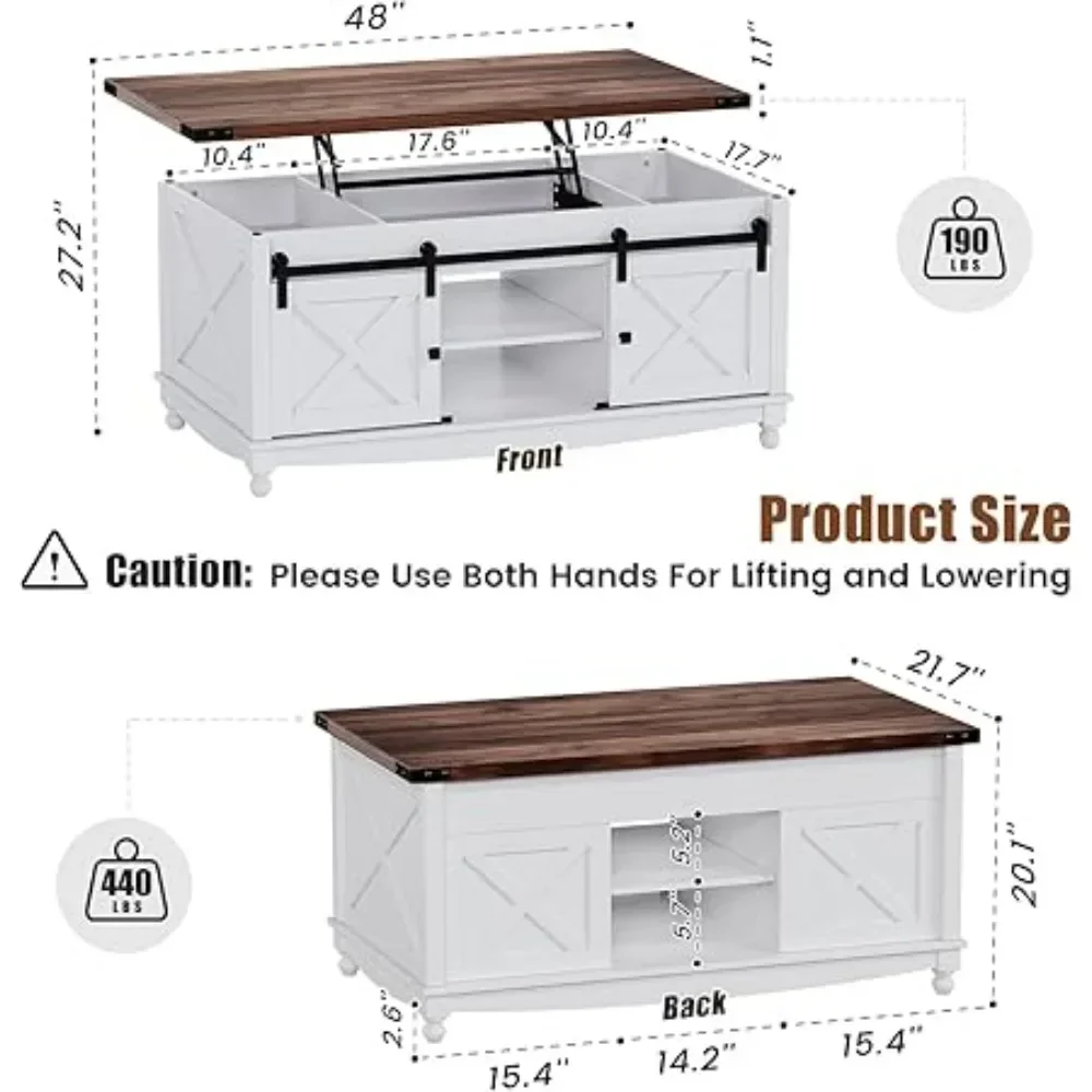 Mesa de centro elevatória de fazenda de 48 "com porta deslizante de armazenamento e grande compartimento oculto, mesa de centro com tampo de elevação