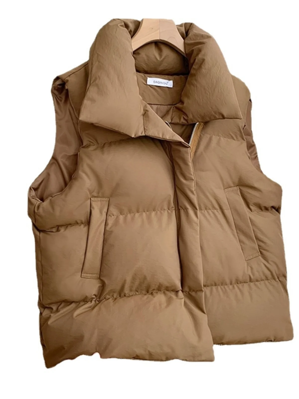 Colete de Aodão com Plumas Soltas, Sem Costas, com F de Zíper, Cor Sólida, Estilo Casual para Mulheres, Moda Outono Inv...