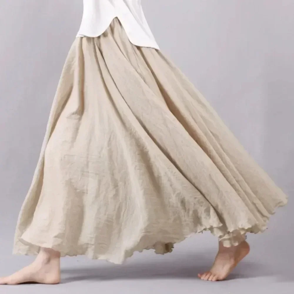2025 Falda de mujer Boho Beach - Lino Mezcla de algodón Cintura elástica Maxi largo plisado, falda casual de verano vintage Faldas Saia
