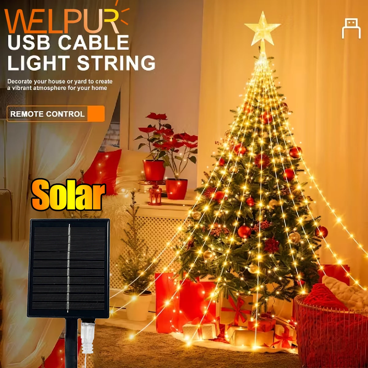 2/3M LED Cascata Decorazione dell'albero Luci della stringa della stella di Natale ad energia solare ad energia solare per feste Matrimoni Decorazioni natalizie