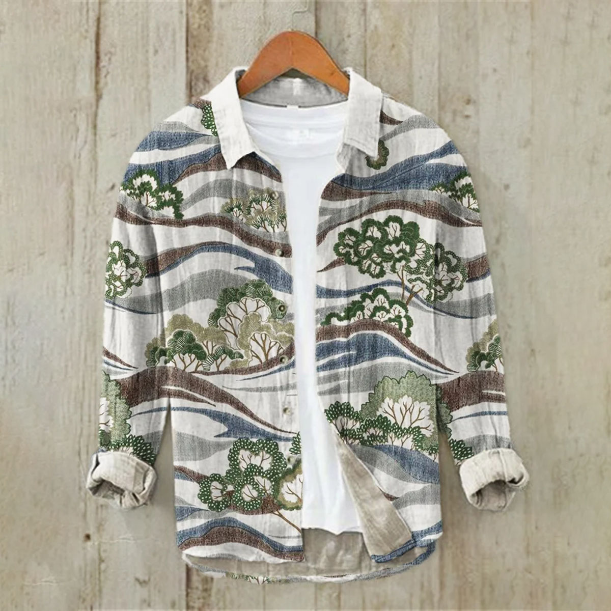 Linen Printed Long Sleeve Shirt Ocean Wave Traditional Pattern Art Hawaiian Shirt Men's Super Large Size S-6XL Fast Shipping