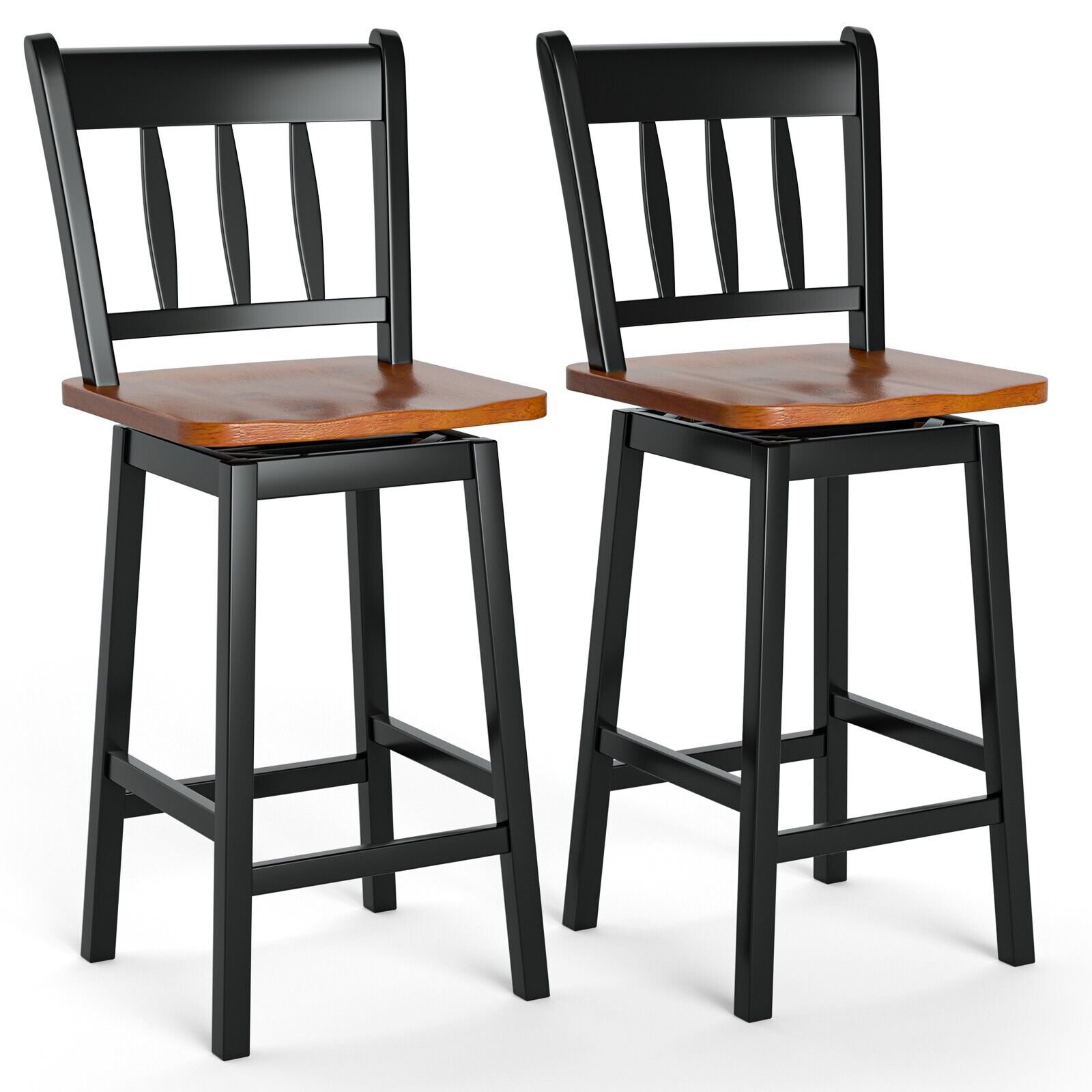 GOFLAME Bar Stools Set of 2 Rubber Wood Swivel Bar Chairs with Backrest & Footrest