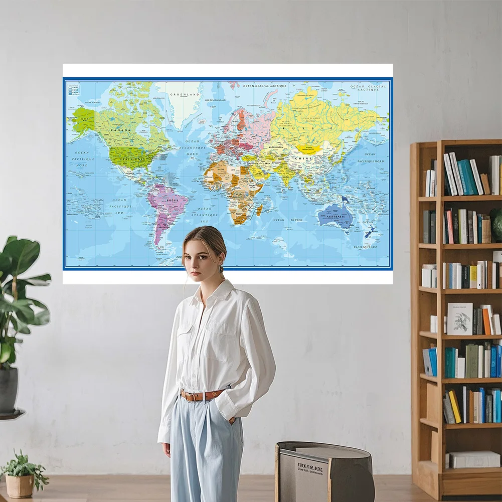 Póster de mapa del mundo francés, tela de poliéster, pintura de pared, suministros escolares de oficina, decoración del hogar, Carte Du Monde