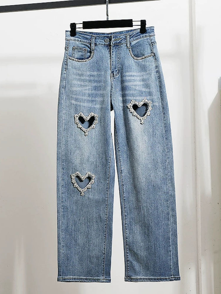 High Street Frühling Herbst locker abnehmen gerade hohe Taille Jeans weites Bein Hosen Frauen Herzform Diamant Denim Baggy Hose