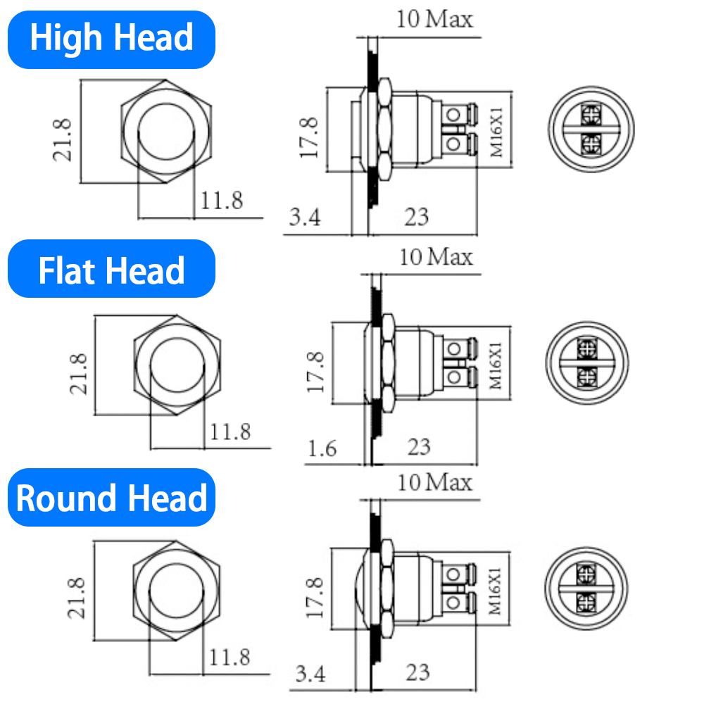 16Mm 1NO Cao Đầu Phẳng Chống Nước Nhất Thời Thiết Lập Lại Kim Loại Công Tắc Ấn Nút Vít Nhà Ga Xe Động Cơ Chuông Cửa Nguồn Máy Tính công Tắc