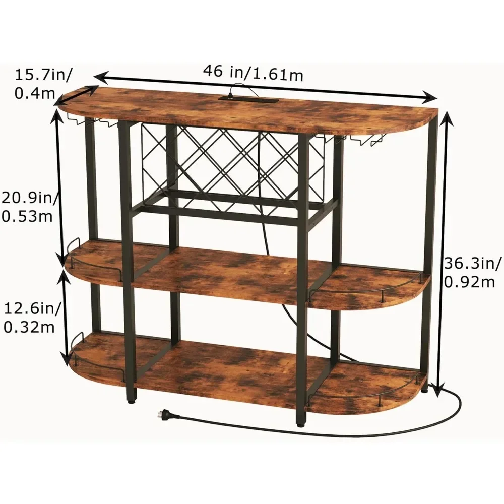 Wine Cabinet Coffee Table with Power Socket and LED Light, Three Tiers Coffee Bar Table Wine Rack Liqour Bar with Large Storage