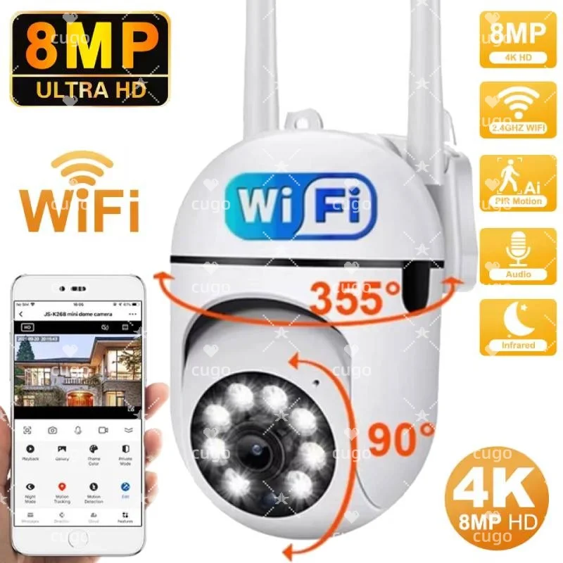 8MP Wifi Camera Wireless Security PTZ IP Camera AI Human Tracking 2-Way Audio CCTV Camera 4X Digital Zoom Cam Color Night Vision
