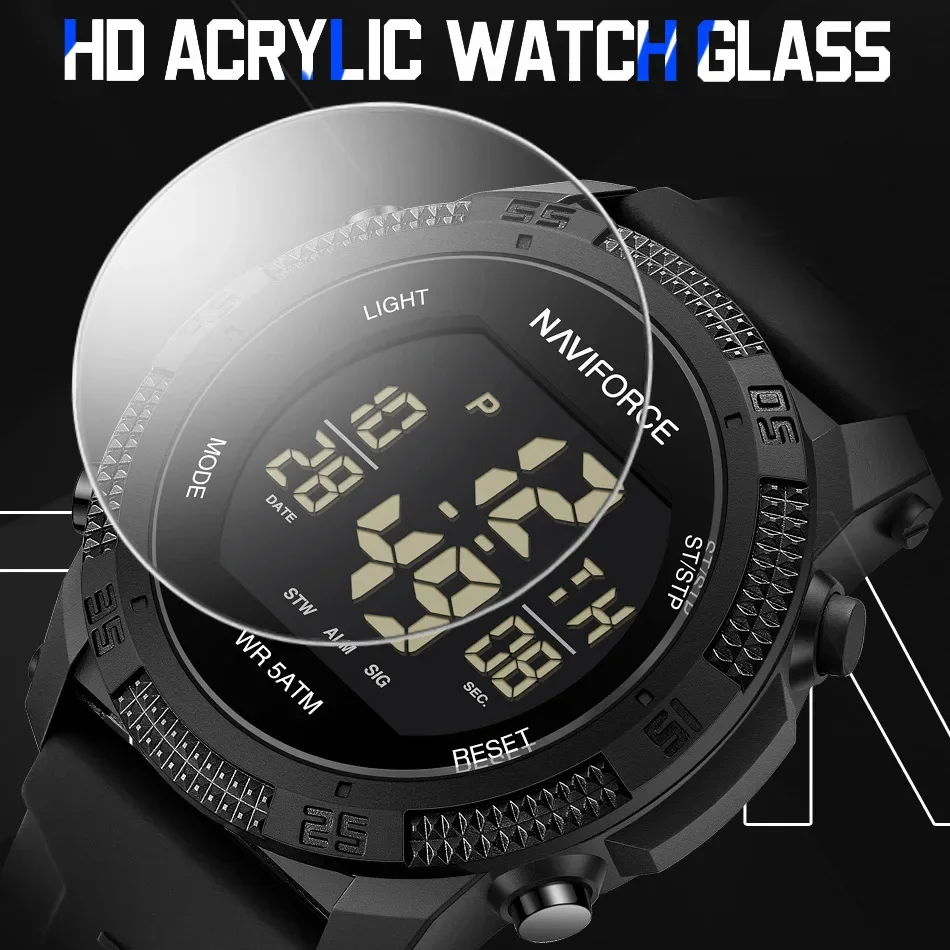NAVIFORCE NF7104 ผู้ชาย LCD Digital Casual วันที่และสัปดาห์นาฬิกาปลุกสายซิลิโคนกันน้ํานาฬิกาอิเล็กทรอนิกส์