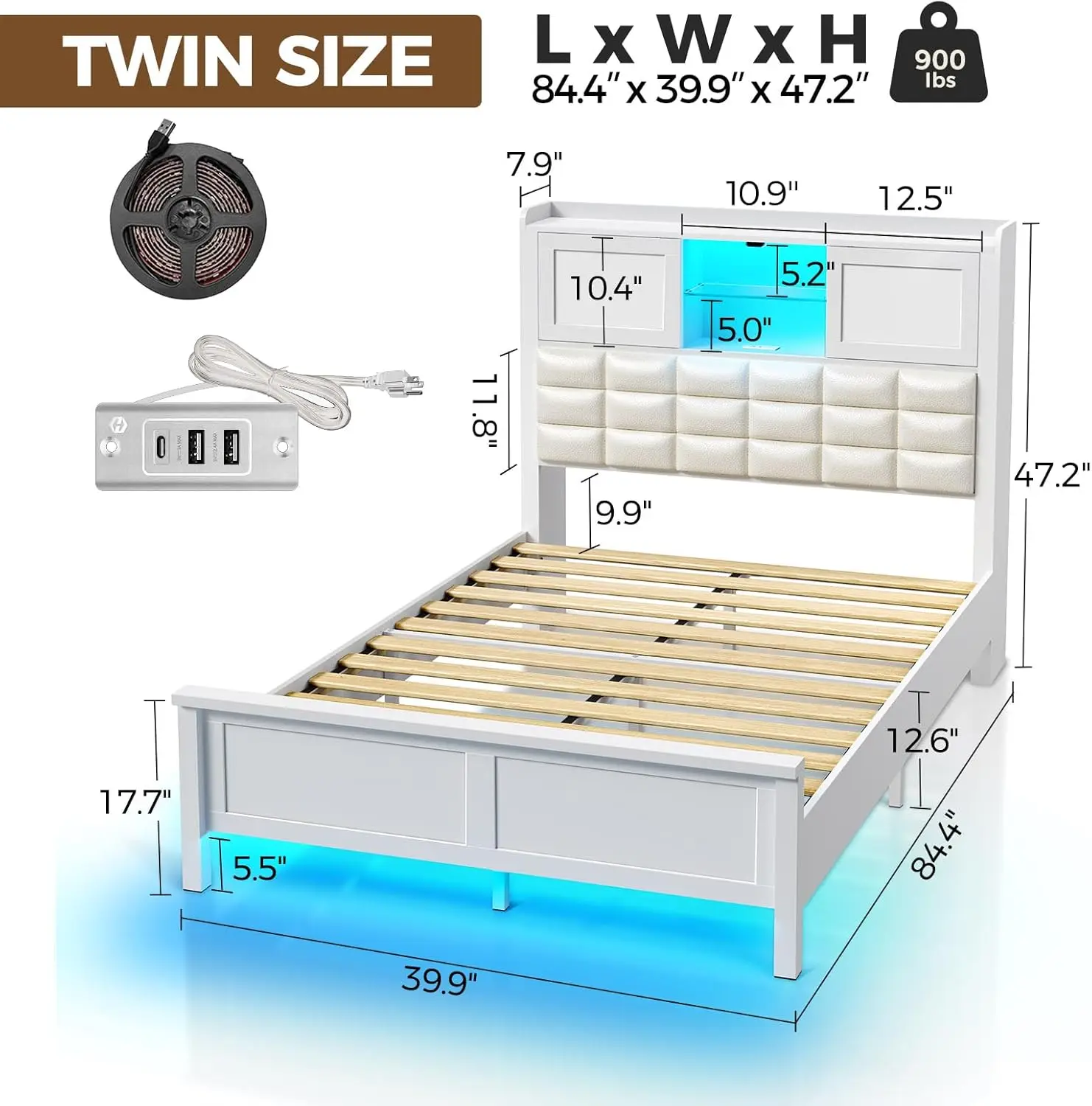 Bed Frame Twin Size with Charging Station, Bookcase Headboard Bed with LED Light and Sliding Doors, Platform Bed with