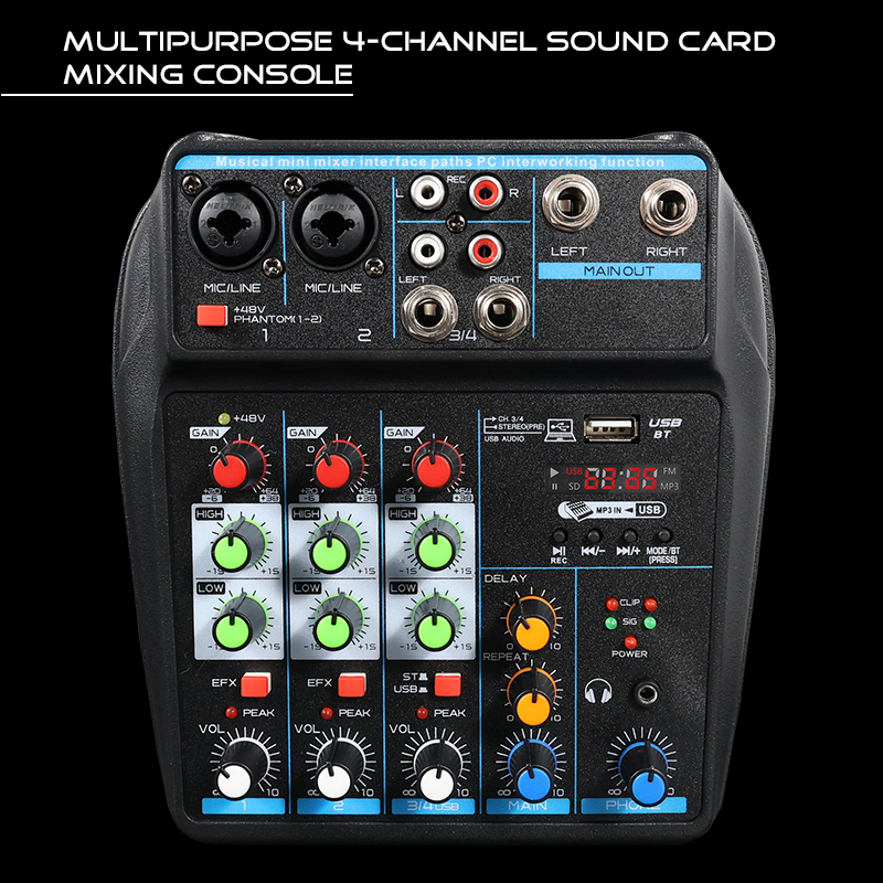 4-Kanal-Mixer DJ-Mischpult mit Bluetooth 48 V Phantom Power Monitor Karaoke-System USB Mixer Audio