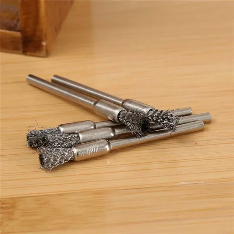 5/10 pièces brosses à crayons en acier inoxydable monté fil roue mandrin ensemble Dremel accessoire outils rotatifs 3.17mm tige mandrin argent