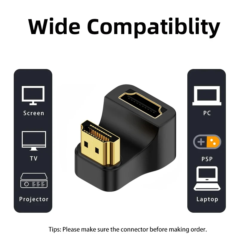 U forma HDTV adaptador, macho para fêmea conector, monitor portátil acessórios, cima e baixo ângulo, HDMI 2.1, 8K, 60Hz, 360 graus