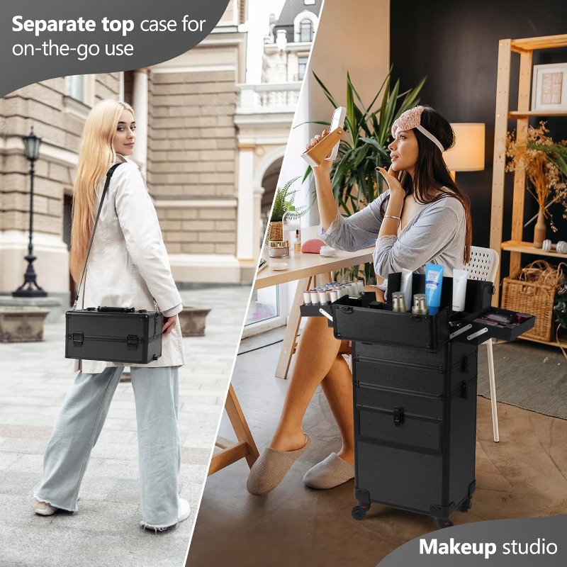 Rolling Makeup Case with Drawer, Makeup Train Case, 4 in 1Cosmetology Case on Wheels,  Large Makeup Case Organizers,