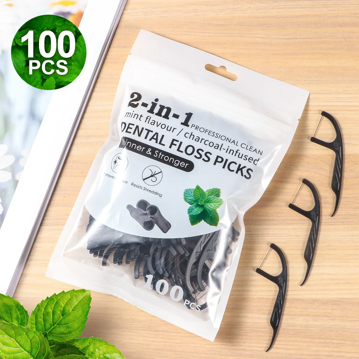30/100pcs Mint Bamboo Charcoal Dental Floss Fresh Breath Cleaning Ultra-Fine Toothpick Homeuse Portable Disposable for Work Out