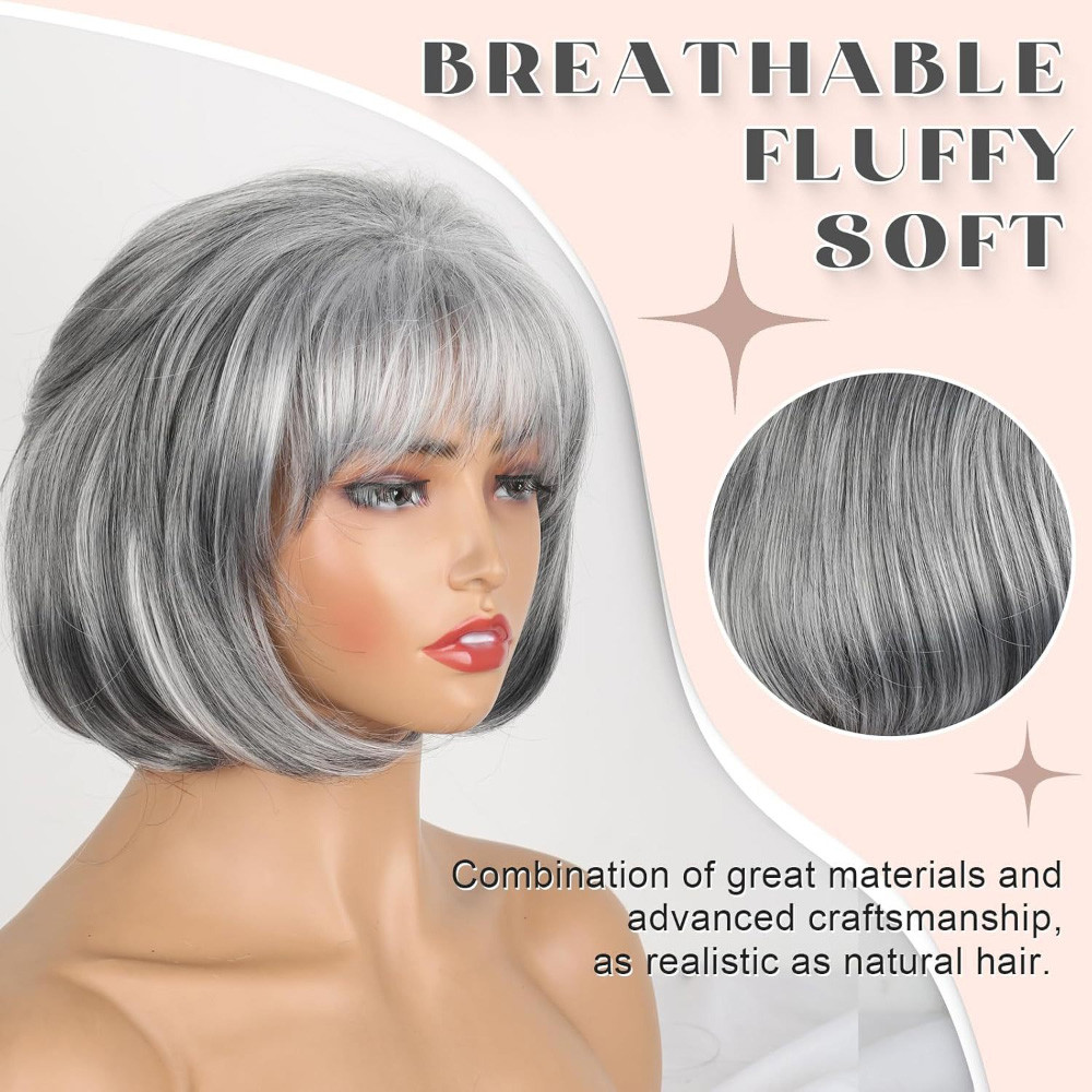 Synthetische pruiken natuurlijk grijs bruin kort krullend pluizig BoBo pruik vrouwen simulatie cosplay volledige hoofdbedekking