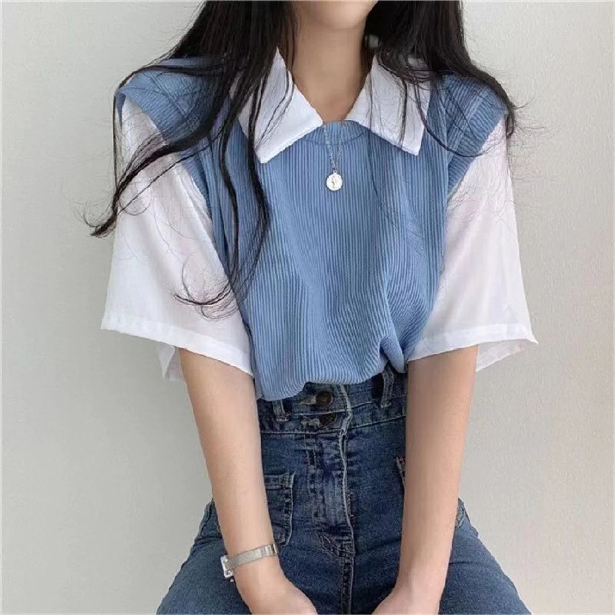 Verão estilo academia cor bloqueando gola polo topo falso de duas peças manga curta camiseta feminina preguiçoso solto casual blusa versátil