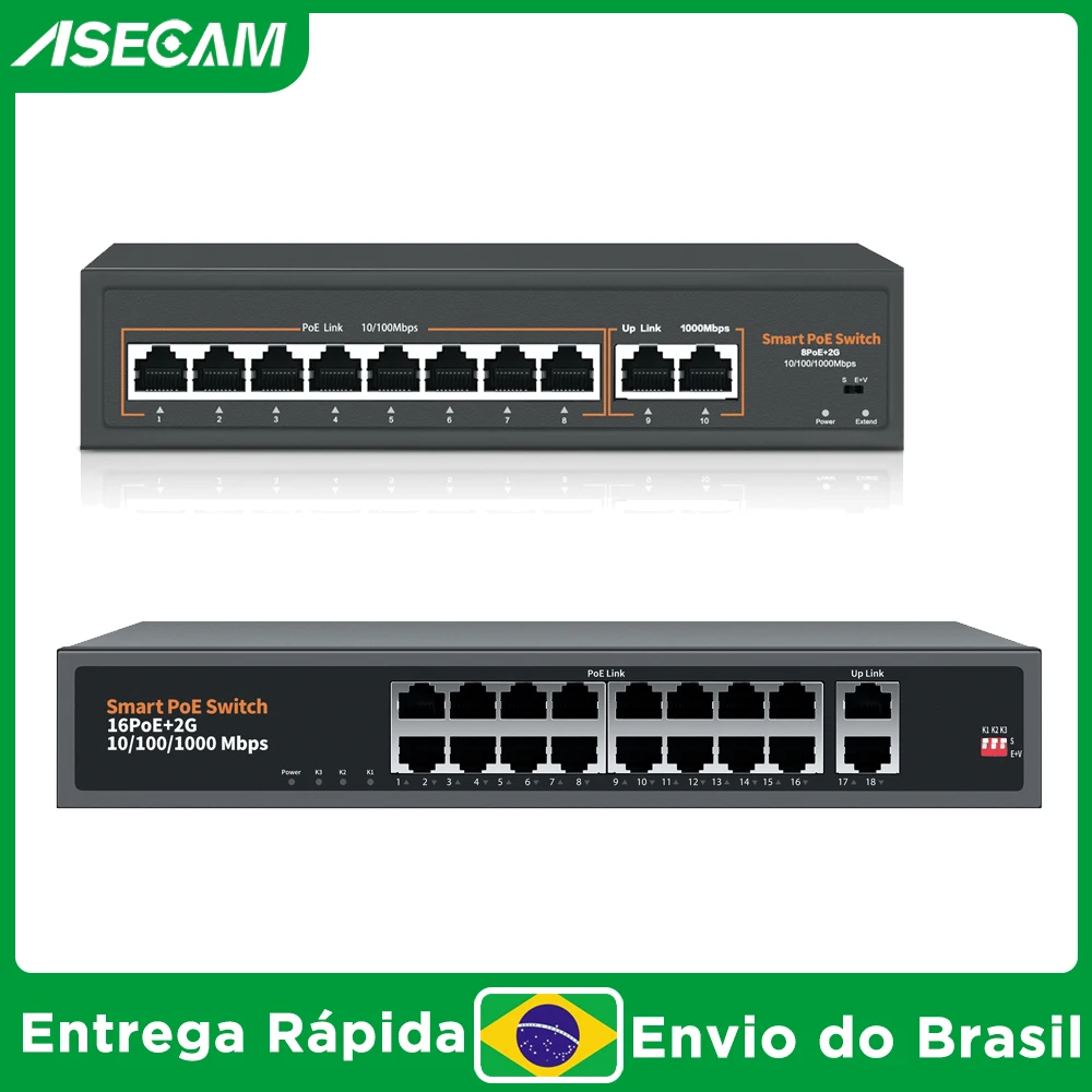 8 Ports 52V rede POE Switch com 10/1000 Mbps IEEE 802.3 af / at Over Ethernet Camera de Segurança IP Wireless AP Sistema de Câmera de Vigilância