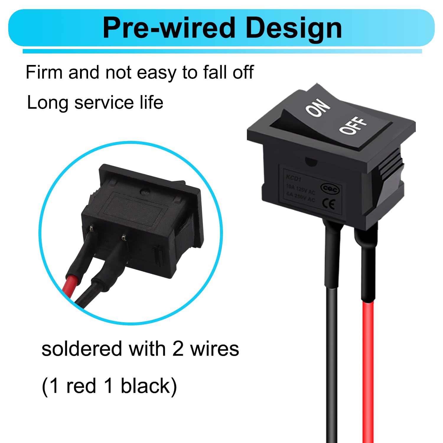 5PCS Latching Rocker Switch ON/Off 2 Pin 2 Position SPST Car Auto Boat Square Rocker Toggle Switch with Pre-Wired AC 10A/125V 6A