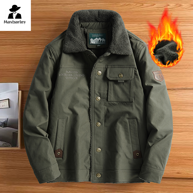 Motorrad-Taschenjacke für Herren, modisch, Übergröße, Fleece-Futter, verdickter Arbeitsmantel, Herren-Pelzkragen, winddichte Winterparkas