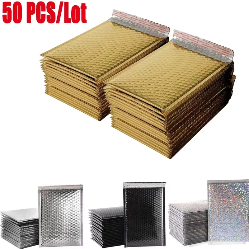 50 pçs filme aluminizado bolha mailer ouro mailing envelope saco de correio à prova dwaterproof água acolchoado bolha envelopes pacote saco para envio