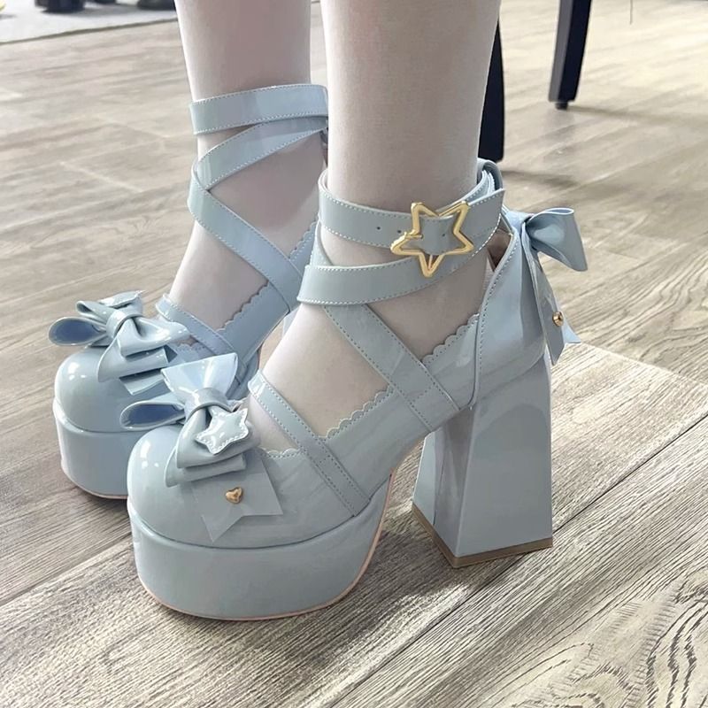 Lolita รองเท้าผู้หญิงรองเท้าส้นสูงรองเท้าผู้หญิง Chunky รองเท้าแตะฤดูร้อน Mary Janes PU รองเท้าหนัง Retro Bow Party แพลตฟอร์มปั๊ม