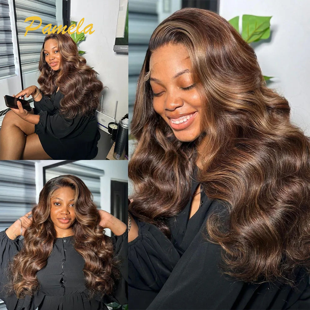 250% 밀도 바디 웨이브 옹브레 4/27 금발 컬러 13x6 HD 투명 레이스 프론트 글루리스 인간의 머리 가발 미리 뽑아서 착용 가능