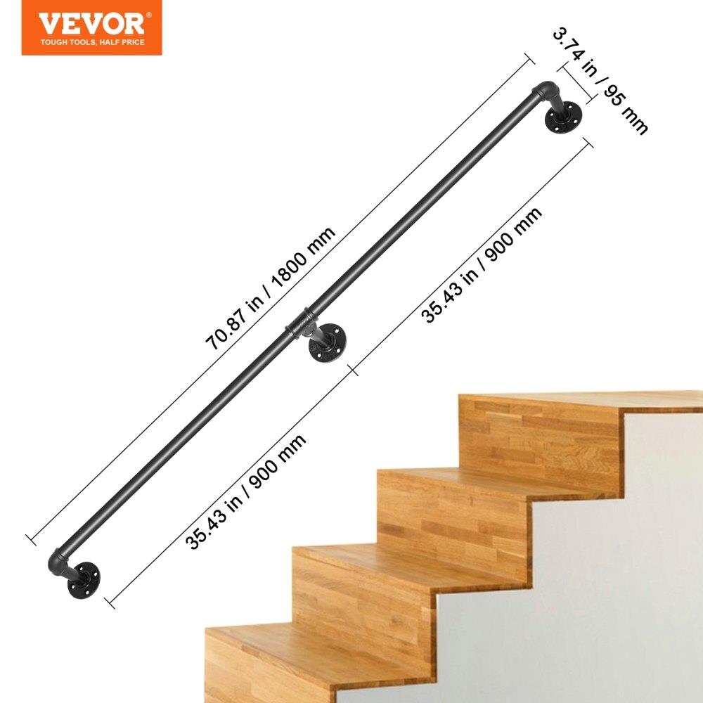 6FT Heavy Duty Industrial Pipe Handrail - 440LBS Capacity, Wall-Mounted Carbon Steel, Round Corner Design for indoor /Outdoor