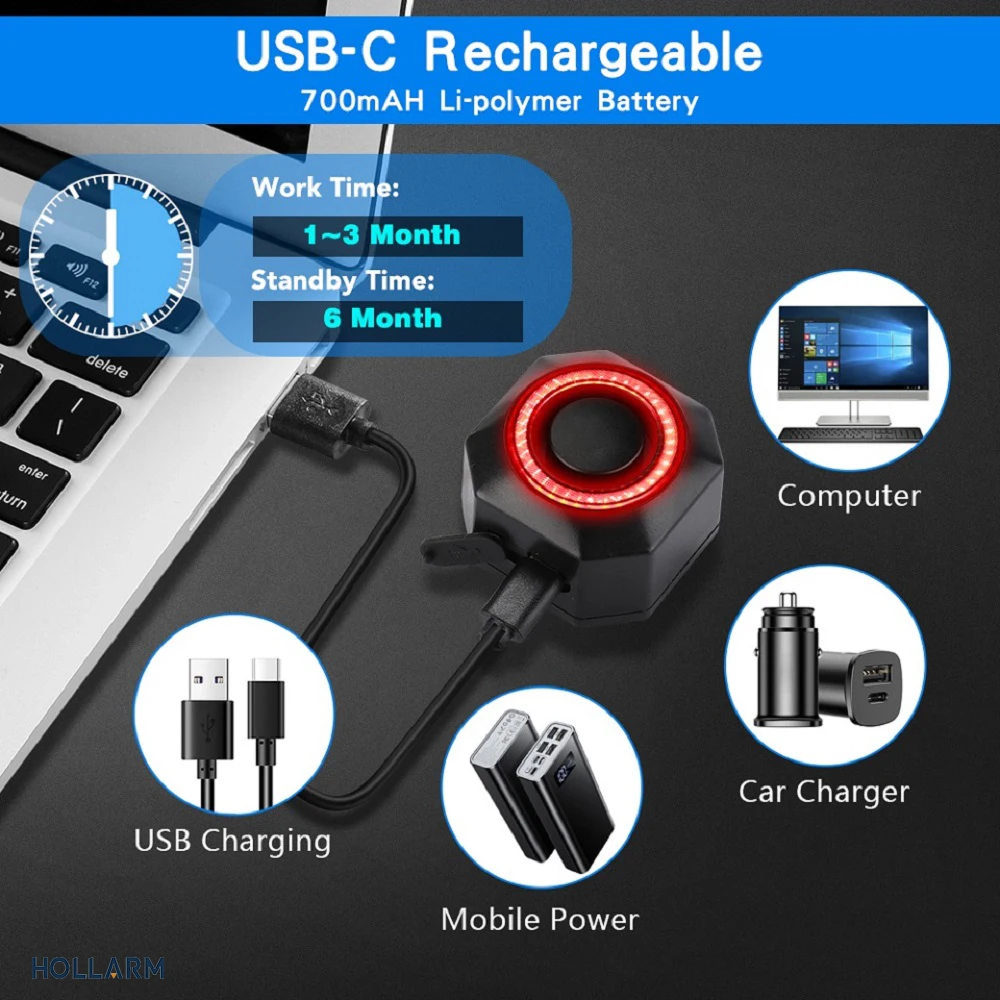 Hollarm Inteligentny alarm tylnego światła roweru Zabezpieczenie przed kradzieżą Antywłamaniowy alarm świetlny roweru Ładowanie USB Inteligentny czujnik hamulca Zdalne sterowanie Tylna Lam