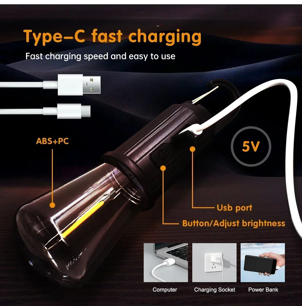 LED 캠핑 라이트 Type-C USB 충전식 방수 400mAh 100LM 텐트 라이트 후크 3가지 모드 야외 조명