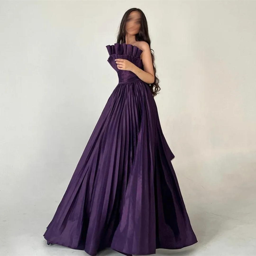 ปรับแต่ง Saudi Arabian ผู้หญิง Ball Strapless A-Line Mop ชุดอย่างเป็นทางการสีม่วงจีบซาตินสาวชุดบอล 2024