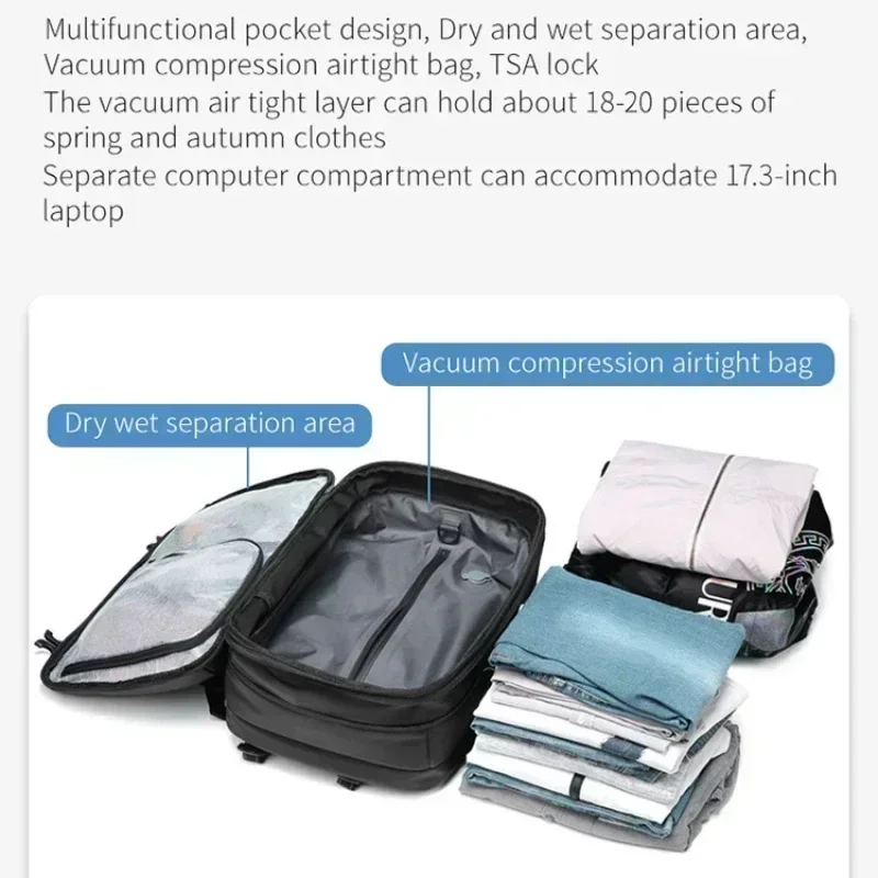 Podróżny męski rozszerzony plecak na laptopa 17,3 cala Plecak kompresyjny próżniowy Carry On Airback Zatwierdzona przez linie lotnicze torba do przechowywania bagażu