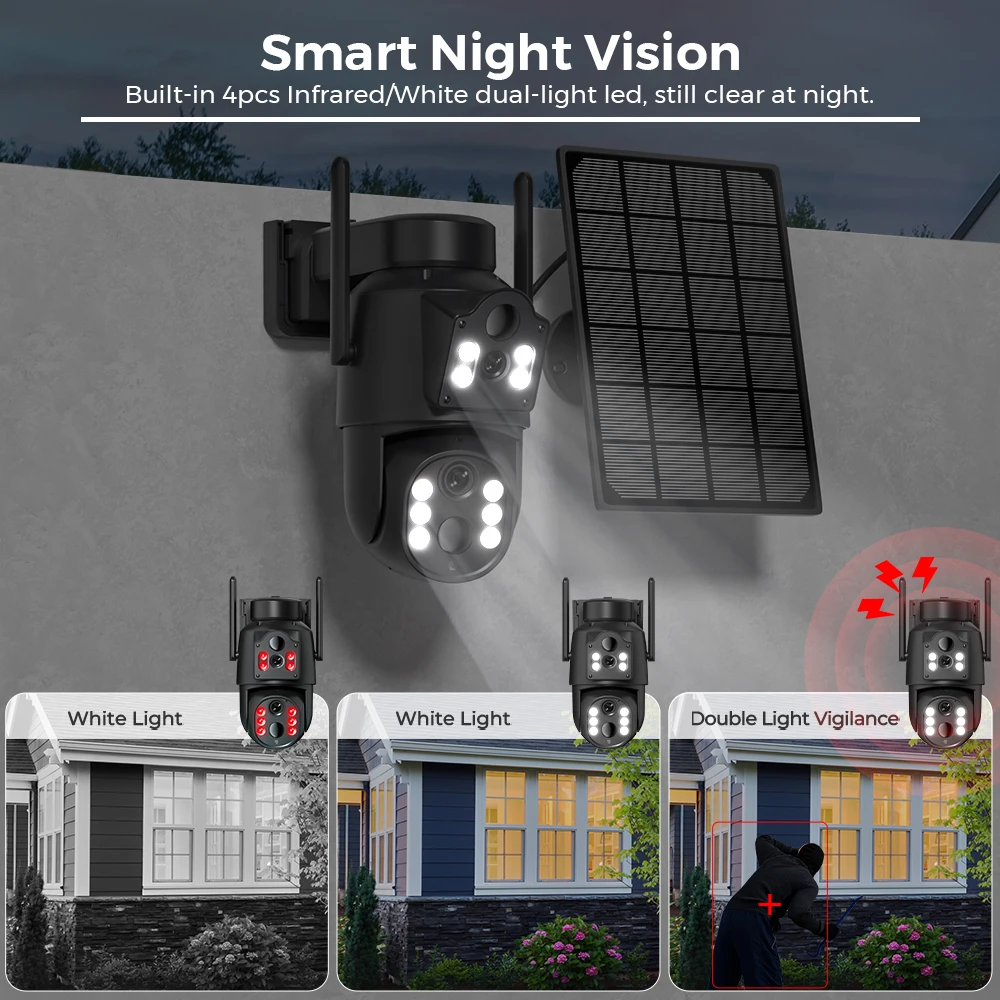 ABUNTU 8MP 4K Telecamera solare wireless Wifi Doppio schermo ICSEE Telecamera di sicurezza Pannello solare 365 giorni in standby PIR Rilevamento umano