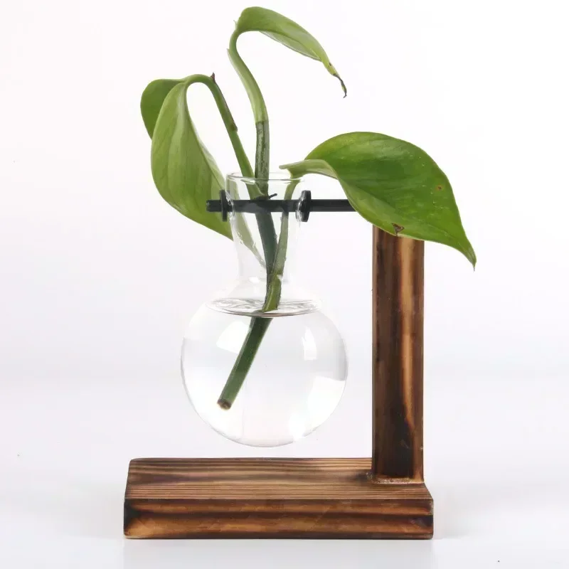 Vaso a bulbo trasparente con supporto in legno Fioriera in vetro da tavolo per piante idroponiche Coffee Shop Room Decor